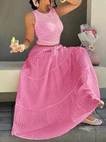 GalTyme Chocolate Brown Sleeveless Maxi Dress Plus Size 2 Pieces Set - Pink - View 4