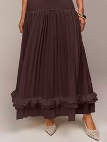 COSMINA Vestido de mujer sin mangas con cuello cuadrado, tela elástica de punto con diseño de patchwork, diseño plisado, detalle de volantes, vestido extra largo, adecuado para fiestas, reuniones, bodas, festival de primavera, San Valentín, citas, color albaricoque, vestido de verano, vestido de invitada de boda, vestido romántico - Marrón - Ver 4