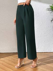 SHEIN PETITE 女士纯色褶皱直筒宽松休闲裤 - 墨綠色 - 查看 4