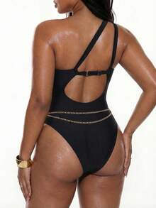 Swim Lushoire Plus Size Women Solid Color Metal Decor One-Piece Swimsuit, Suitable For Beach Vacation, Pool Party, Beach Party - Black - View 2