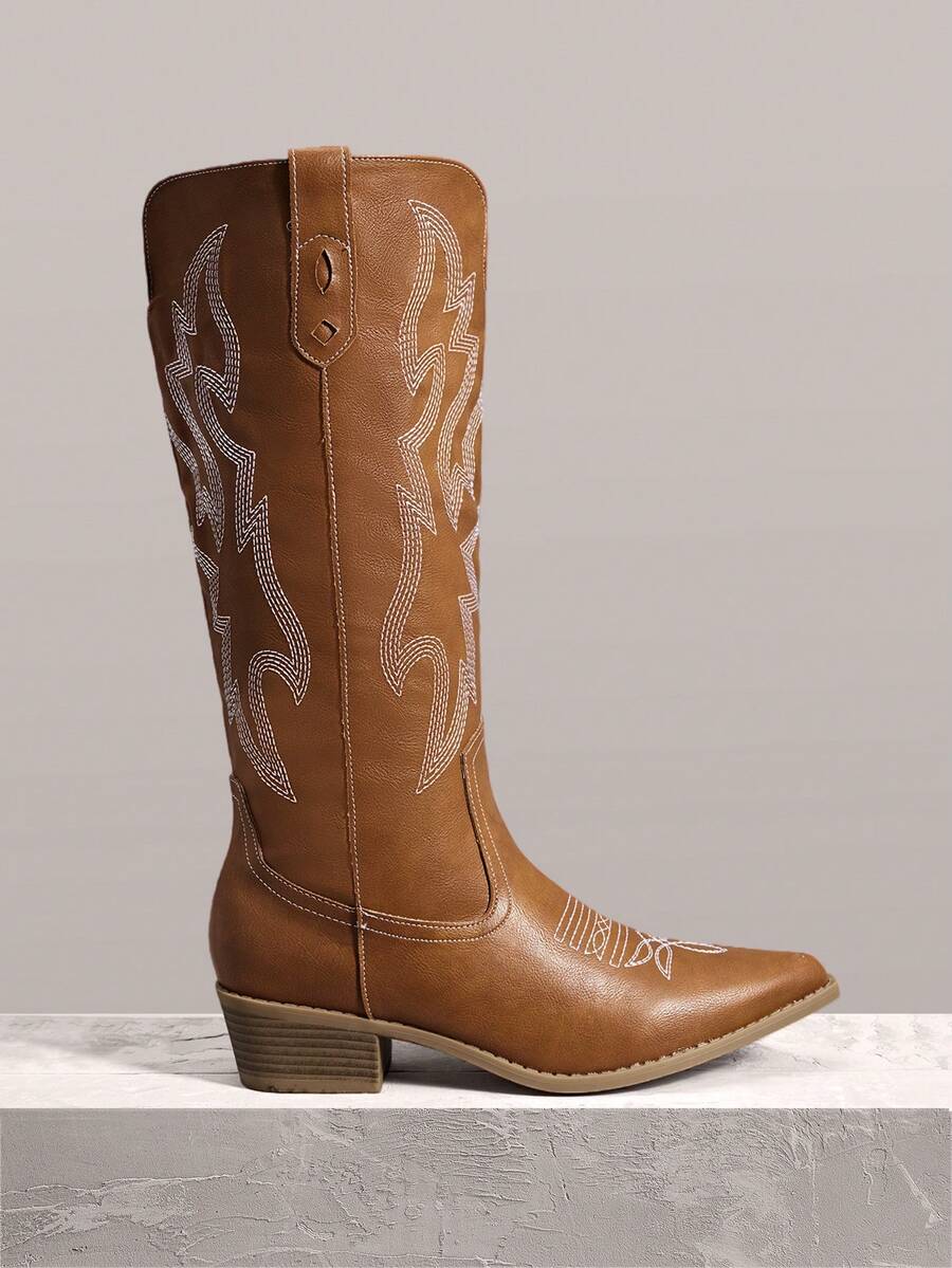 Styleloop Ladies Sexy Casual Western Boots One Pedal Pointed Heel Thick Heel Festival Leather PU Embroidered Handmade Women's Boots Brown Boots - Brown - View 1