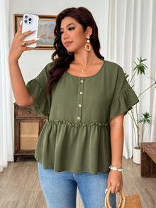 Weeklong Plus Size Women's Military Green Crinkle Fabric Wood Button Ruffle Trim Round Neck Short Loose Blouse, Casual Vacation Comfortable Outerwear, Spring/Summer Premium Tops For Women Tops For Ladies Casual Tops For Women New Arrivals Blouse For Women Casual - Army Green - View 5