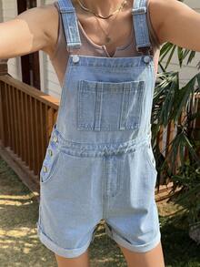 Livesso Women's Casual Solid Color Waist Cinched Short Denim Jumpsuit, Blue Summer - Blue - View 3