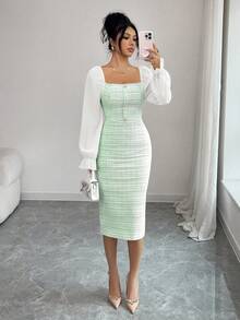 Elenzga Đầm chiffon cổ bẻ phối vải tweed thanh lịch, thích hợp cho hẹn hò/nghỉ lễ. - màu xanh lá - Xem 3