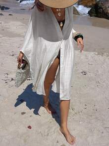 Livesso 女士V领宽松开襟休闲优雅和服罩衫 - 白色 - 查看 4