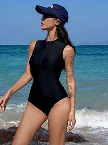 Livesso Women's Sleeveless Solid Color One-Piece Swimsuit With Hollow Back, Zipper Front Closure, Sports Sporty Beach Wear Summer Black - Black - View 5