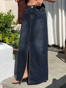 Dazy Tall Falda vaquera recta con dobladillo deshilachado y abertura para mujer alta, estilo casual de calle - Azul lavado oscuro - Ver 7