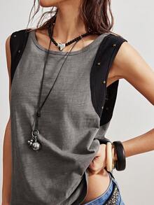 Bohemela 女士休闲灰色拼接黑色圆领无袖露背复古宽松背心，情人节女士度假夏季上衣春季上衣 - 灰色 - 查看 4