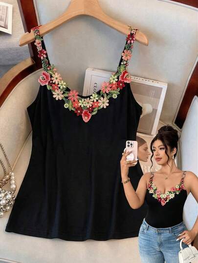 Elenzga Plus Size Soft Knit Fabric Collar Patchwork Multi-Color Embroidered Floral Lace Shoulder Decor Loose Straight Camisole Casual Outdoor Elegant Vacation Camisole And Tank Top