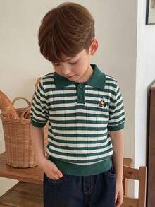 Dazy Kids Cartoon Bear Pattern Striped Short Sleeve Casual Polo Sweater For Young Boy Summer - Dark Green - View 5