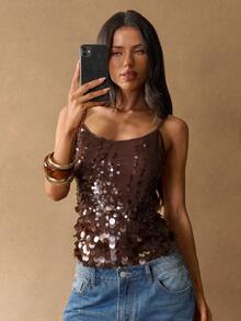 SHEIN BAE 女款休閒性感度假風漸層深棕色串珠細肩帶露背裝飾吊帶背心上衣，適合海灘派對、夜晚外出、夜店與夏季穿著 - 棕色 - 查看 7