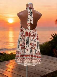 SHEIN Lunessa Women's Sleeveless Printed Halter Mini Dress - Apricot - View 2