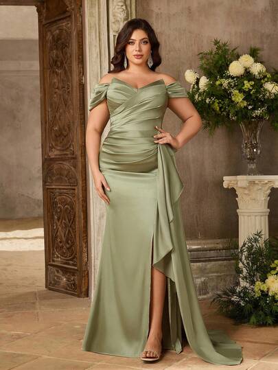 Aureia Đầm maxi dáng rộng, thanh lịch, lãng mạn màu xanh lá cây, trễ vai, tay áo buông, thiết kế bất đối xứng, eo 3D độc đáo, xếp ly thủ công, đuôi cá bồng bềnh, thích hợp cho hẹn hò, du lịch, tiệc độc thân, đám cưới, dạ hội.
