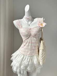 Elamini 女士优雅法式夏季蕾丝时尚修身性感无肩带甜美蝴蝶装饰休闲度假沙滩百搭蕾丝T恤 - 彩色 - 查看 2