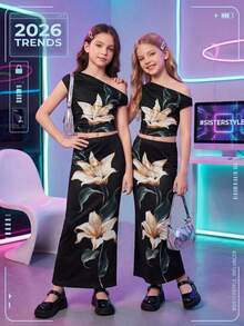 SHEIN Bộ đồ 2 món thanh lịch dành cho bé gái tuổi teen, gồm áo và chân váy dệt kim in hoa. - màu đen - Xem 2