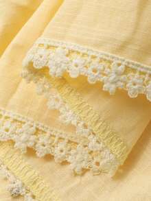 Strévra 100%纯棉蕾丝拼接纯色V领收腰度假背心，女士款，黄色，夏季 - 淡黃色 - 查看 3