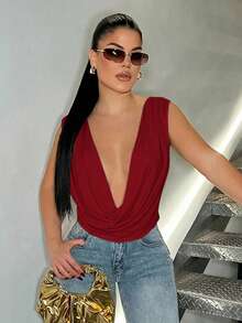 SHEIN SXY Women's Solid Color Deep V-Neck Ruched Sexy Versatile Date Night Blouse,Red Top Red Plunging Top Red Revealing Top Deep V-Neck Top Plunging Neckline - Red - View 3
