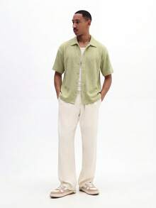 SUMWON Áo sơ mi nam tay ngắn, chất liệu vải dệt họa tiết, cài cúc, cổ bẻ cổ điển, họa tiết zigzag màu xanh lá cây nhạt, dáng regular fit, thích hợp cho mùa hè, xuân, phong cách thường ngày. - Vàng nhạt - Xem 3