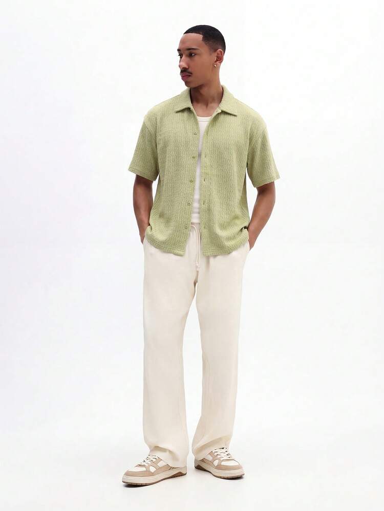 SUMWON Men's Short Sleeve Textured Button Down Shirt With Classic Spread Collar And Sage Green Zig Zag Pattern Regular Fit Summer Spring Casual, Knit Shirt, Shirts For Men Casual, Beach Shirts For Men