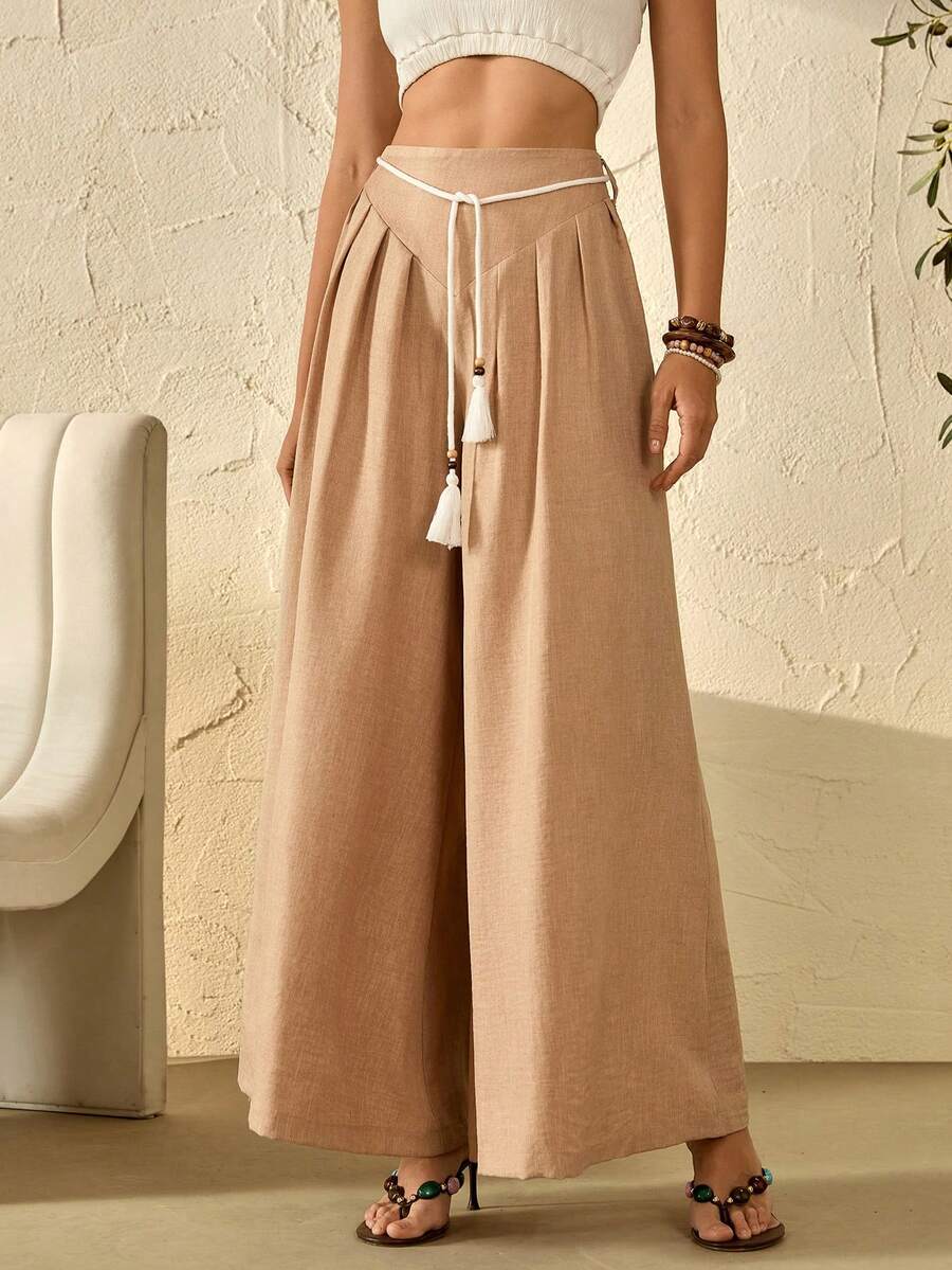 Bóhologie Women Tie Detailed Wide Leg Pants - Beige - View 1