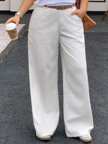 Dazy Plus 大码女式直筒长款白色牛仔裤，四季休闲 - 白色 - 查看 6