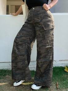 Dazy Plus Camo Print Loose Wide Leg Long Casual Jeans, Street Style, All Season - Army Green - View 4