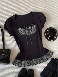 Comfortcana Áo kiểu nữ tay ngắn phối màu kẻ caro trơn, thời trang xuân/hè 2026, kiểu dáng thanh lịch, thích hợp đi nghỉ mát, đi chơi, phong cách Y2K những năm 2000. - Đen và trắng - Xem 3