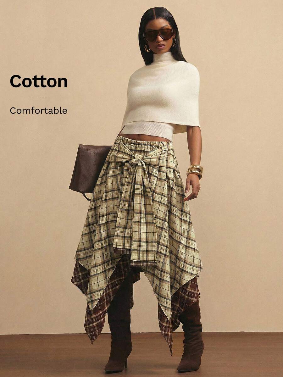 NYA SZN Chân váy cạp cao dáng rộng thắt nơ kẻ caro đỏ vàng phong cách grunge, thích hợp cho lễ hội, mùa đông, những dịp đặc biệt, trang phục thanh lịch, sang trọng dành cho phụ nữ. - Màu Khaki - Xem 1