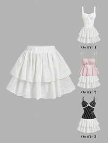 SHEIN MOD 白色双层刺绣荷叶边半身裙 - 白色 - 查看 2