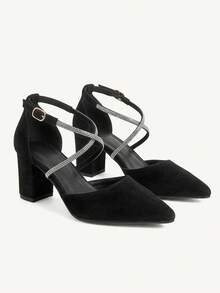 SHEIN X Lucía Bellido CUCCOO CHICEST Woman Shoes Fashion Rhinestone Decor Point Toe Faux Suede Chunky Heeled Glamorous Black Ankle Strap Pumps For Summer Graduation Heels Prom Heels Vacation Shoes Summer Elegant Heels Spring Shoes Spring Break Easter For Christmas Elegant Shoes Wedding Shoes Spring Shoes Bride Shoes - Black - View 1