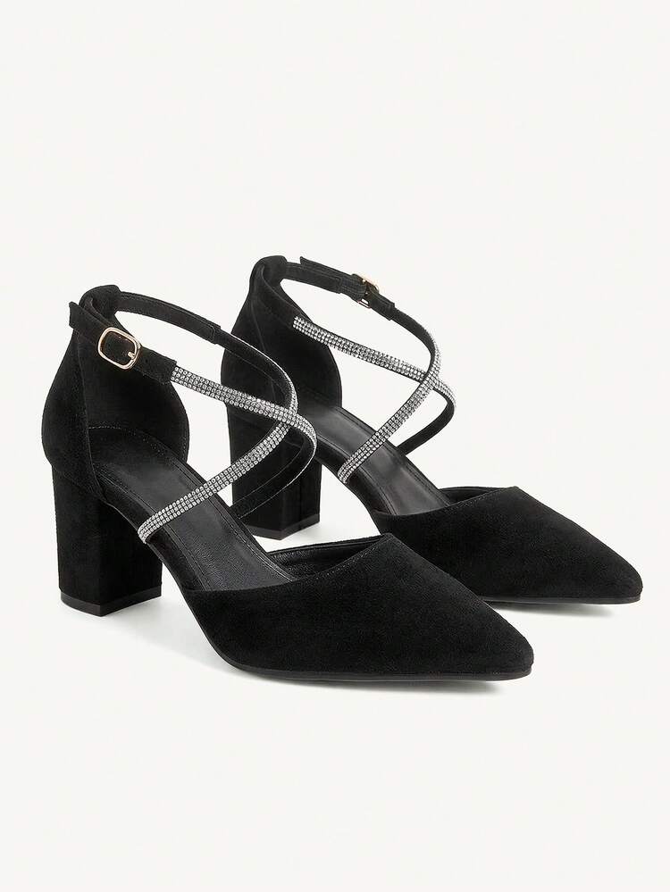 CUCCOO CHICEST Woman Shoes Fashion Rhinestone Decor Point Toe Faux Suede Chunky Heeled Glamorous Black Ankle Strap Pumps For Summer Graduation Heels Prom Heels Vacation Shoes Summer Elegant Heels Summer Shoes Summer Break Easter For Christmas Elegant Shoes Wedding Shoes Summer Shoes Bride Shoes