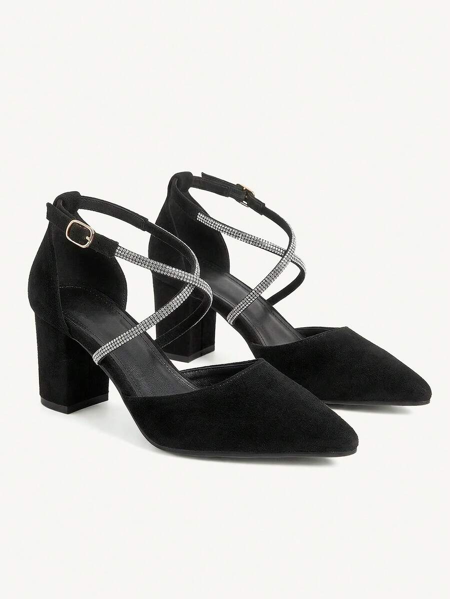 SHEIN X Lucía Bellido CUCCOO CHICEST Woman Shoes Fashion Rhinestone Decor Point Toe Faux Suede Chunky Heeled Glamorous Black Ankle Strap Pumps For Summer Graduation Heels Prom Heels Vacation Shoes Summer Elegant Heels Spring Shoes Spring Break Easter For Christmas Elegant Shoes Wedding Shoes Spring Shoes Bride Shoes - Black - View 1