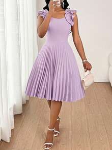 SHEIN Lady Đầm ngắn thời trang nữ màu trơn, phối vai, xếp ly ở gấu váy. - Màu tím hoa cà - Xem 6