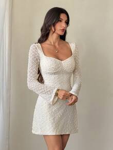 SHEIN Tall Đầm mini dáng chữ A ôm sát, cổ vuông, tay bồng, xếp ly, dành cho nữ, đầm mùa đông, đầm thu đông, đầm thanh lịch, đầm trắng, đầm thanh lịch cho nữ. - trắng - Xem 6