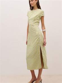 Nöista Summer Casual Plaid Side Button Slit Dress - Green - View 4