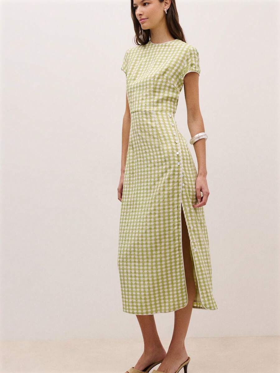 Nöista 夏季休闲格子侧开衩连衣裙 - 綠色 - 查看 1