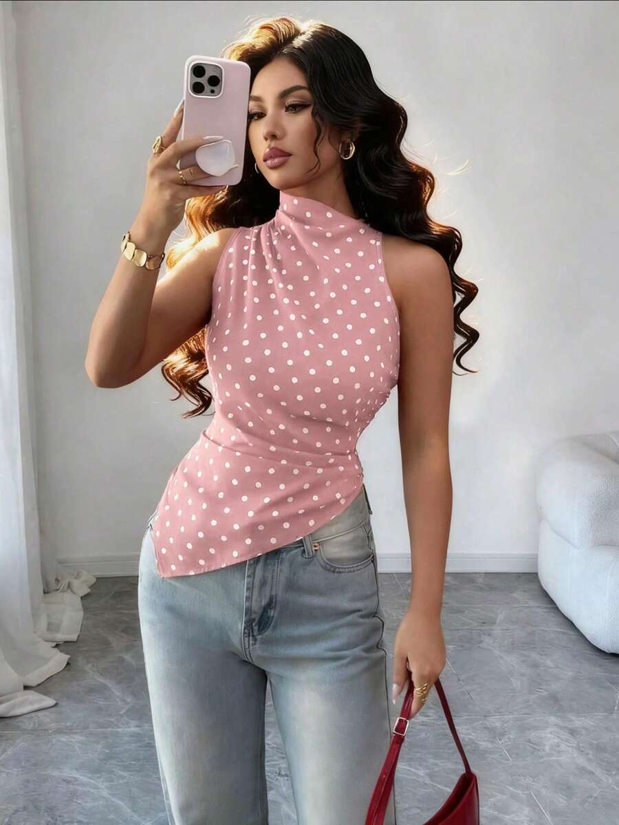 Rafferiza Women's Red Polka Dot Fitted Asymmetric Hem Tank Top - Pink - View 1