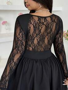 SHEIN EZwear Abito elegante da festa con vita aderente, in taglie comode, con inserti in rete e volant - nero - Visualizzare 3