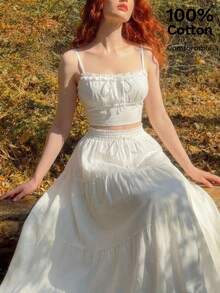 SHEIN MOD 女士纯色褶皱胸部吊带背心和荷叶边半裙两件套，春夏装扮，女士嘉年华服装，婚礼宾客礼服，节日服装，休闲套装，完美适用于度假、约会、野餐、派对、舞会、节日和生日穿着，音乐节服装，游牧风、乡村风、波西米亚风、茶会服装 - 白色 - 查看 2