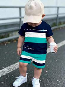 SHEIN Baby Boy Casual Simple T-Shirt Set Suitable For Summer, Classic Striped Pattern Print, Fashionable Text Logo Print - Multicolor - View 1