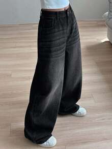 Dazy Tall Tall Women's Relaxed Fit Straight Leg Jeans, Casual Streetwear Fashion For Daily Commute - Black - View 8