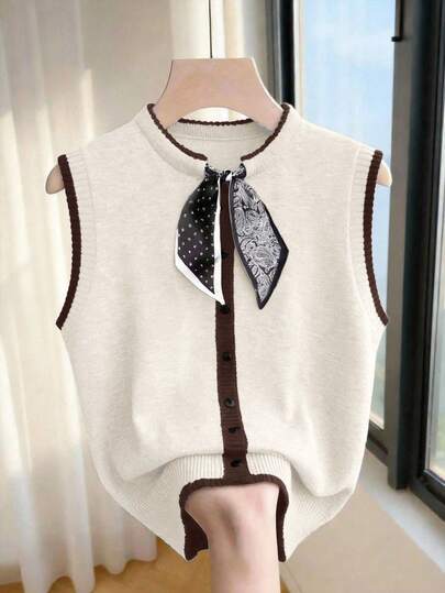 Franclia Áo polo không tay cổ tròn dáng ngắn tối giản mùa xuân/hè mới, cài nút mờ, dệt kim chặt chẽ, viền tương phản, phối họa tiết chấm bi và paisley, phù hợp cho công sở, phong cách Hàn Quốc dễ phối đồ, dáng ôm, thoải mái, đa năng, màu tối, tôn dáng, áo dệt kim cao cấp trung tính dành cho nữ.