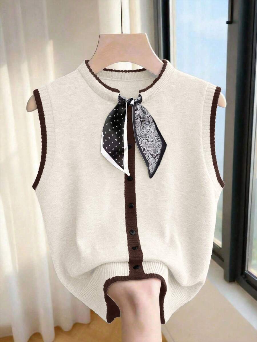 Franclia Brown Stripe Summer Elegant Tea Party Office Women's Knit Vest Minimalist Round Neck Sleeveless Top With Polka Dot Paisley Patchwork Contrast Trim - Multicolor - View 1