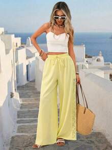 Vivid Eden Yellow Contrast Lace Wide Leg Pants, Casual Vacation, Women Summer Outfit, Vacation Outfits ,Summer Pants, Pre Summer,Boho Lace Pants, Summer Bottom Wide Leg Summer Pants Palazzo Pants Women Beach Pants For Women - Yellow - View 2