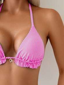 SHEIN Swim Women's 2-Piece Striped Ruffled V-Neck Halter Top And Tie Side Triangle Bottom Swimwear Set, Minimalist And Cute - Hot Pink - View 5