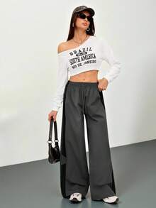 SHEIN Tall 女士秋季街头风演唱会锐舞节外出复古Y2K撞色灰色宽松阔腿裤 - 灰色 - 查看 5