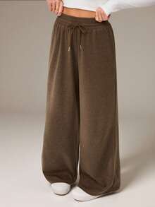 SHEIN Tall Pantalones de chándal casuales con cordón en la cintura de color marrón café para mujer - Café integral - Ver 1