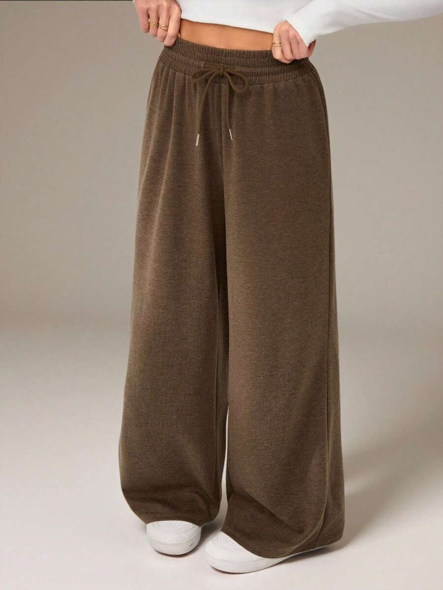 SHEIN Tall Pantalones de chándal casuales con cordón en la cintura de color marrón café para mujer - Café integral - Ver 1