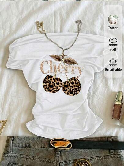 Tseoso Camiseta blanca de manga corta, ajustada, con hombros descubiertos y fruncido en la cintura, estilo casual, adecuada para el verano, con estampado de leopardo y cereza