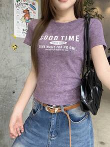 DAZY Women's Casual Letter Print Round Neck Short Sleeve T-Shirt, Summer Graphic Tees Women - Purple - View 3